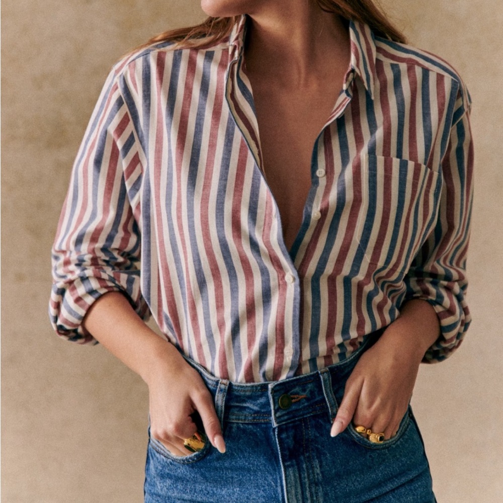 Sezane Max Shirt Blue Ecru Burgundy Stripes - Size 6